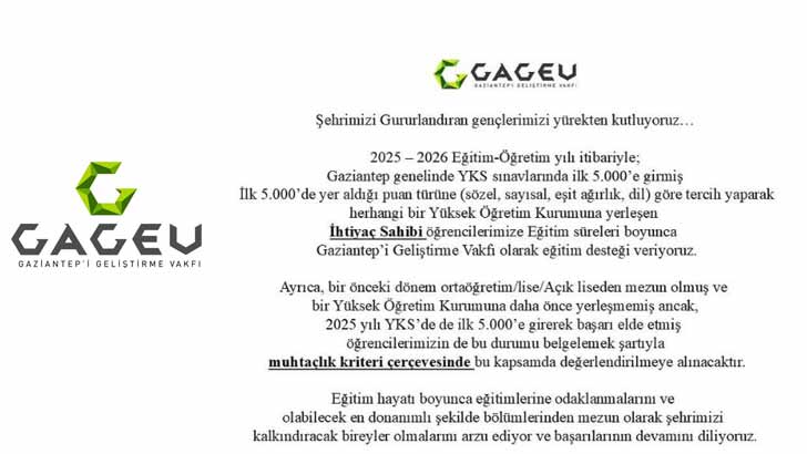 Gaziantep Geliştirme Vakfı GAGEV Bursu Başvurusu