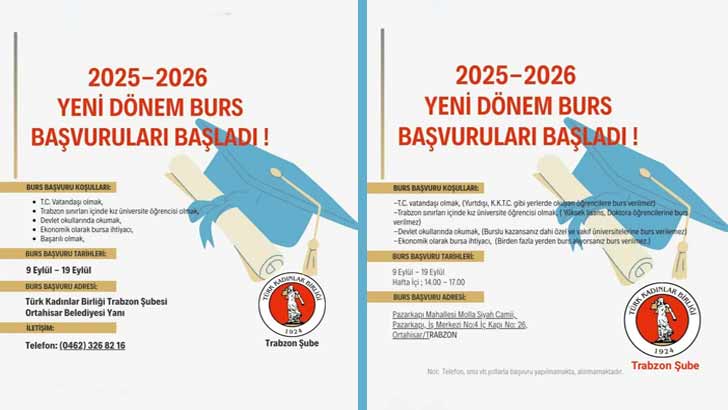 Türk Kadınlar Birliği Derneği Trabzon Şubesi Bursu Başvuruları